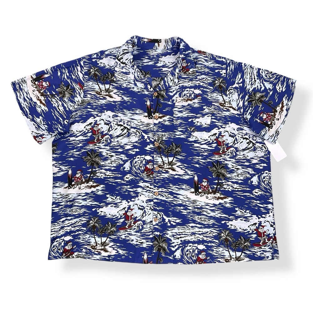 KS Island Shirt Men 3XL Big Blue Short Sleeve Button Down Santa Surfboard NWT